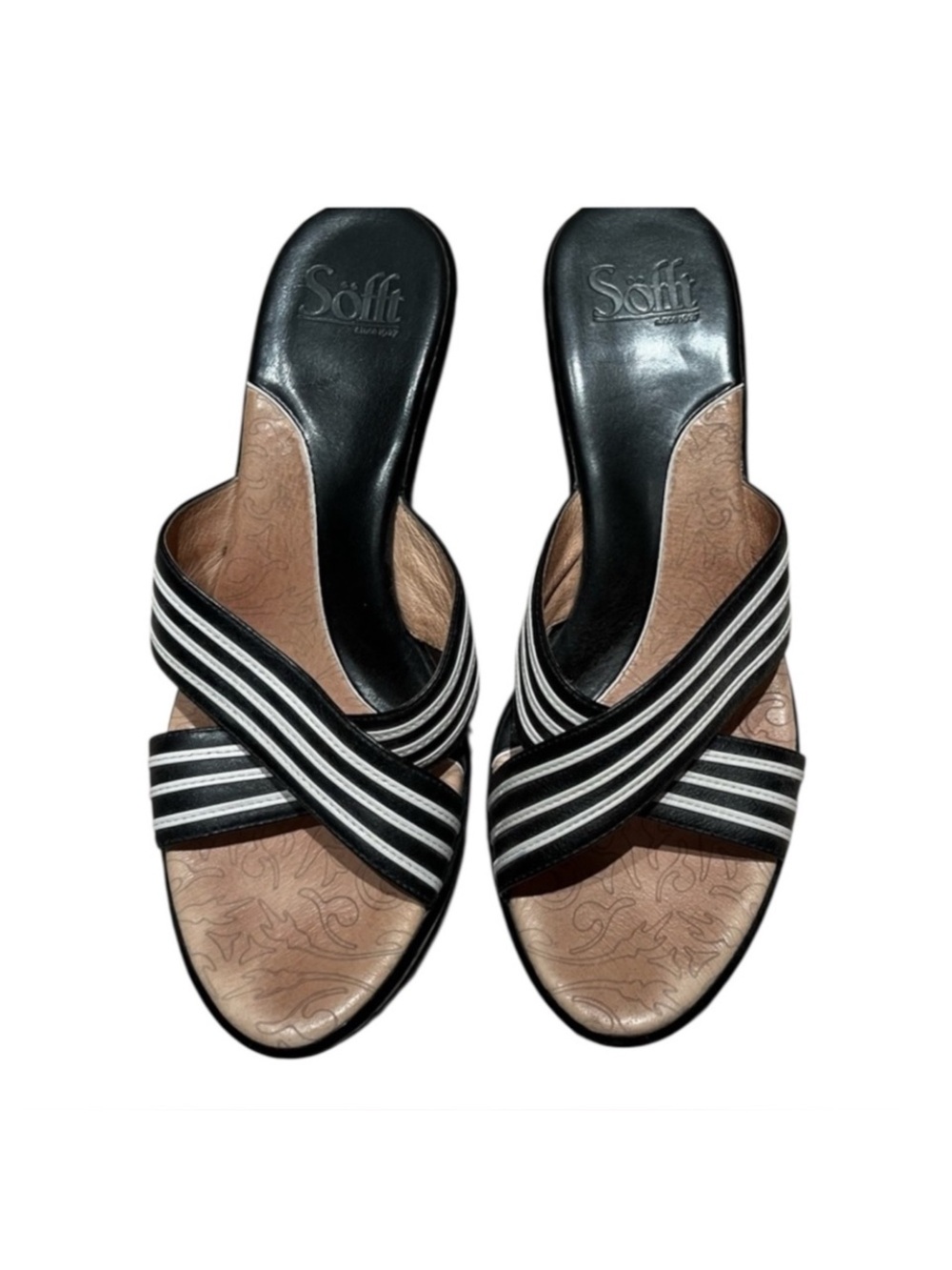 Sofft Black and White Crisscross Striped Slide Sandals